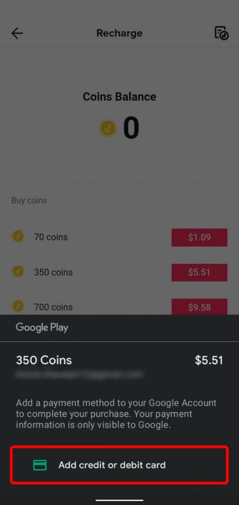   Προσθήκη τρόπου πληρωμής | Επαναφορτίστε τα νομίσματα TikTok